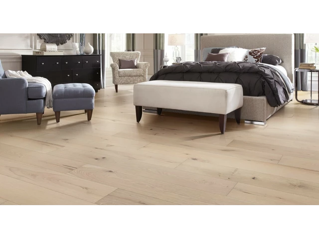 Monogram engineered hardwood flooring in Crema and Latte colors, 9/16" thick, 8" wide, made from high-quality engineered hardwood.