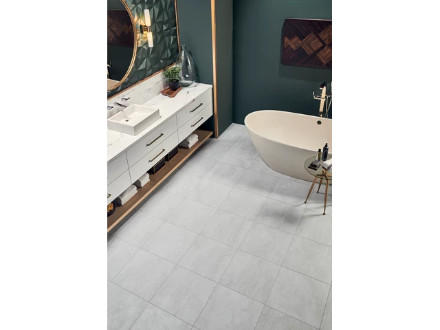 Vienna Luxury Vinyl Plank in Alabaster color, size 18" x 18", made from durable luxury vinyl